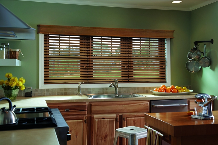 This image features three Faux Wood Blinds on one headrail for a clean, simple look.