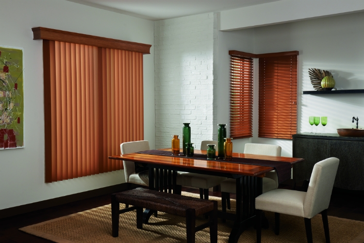 This Dining Room features vertical blinds with Graber’s One Touch® Control System to eliminate cord hazards in homes with children or pets.