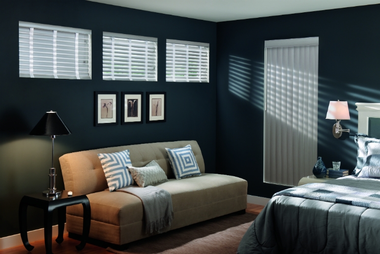 This image features vertical blinds and coordinating horizontal blinds with beautiful cloth tapes.  ShutterLuxe can give you a wide array of color choices, too!